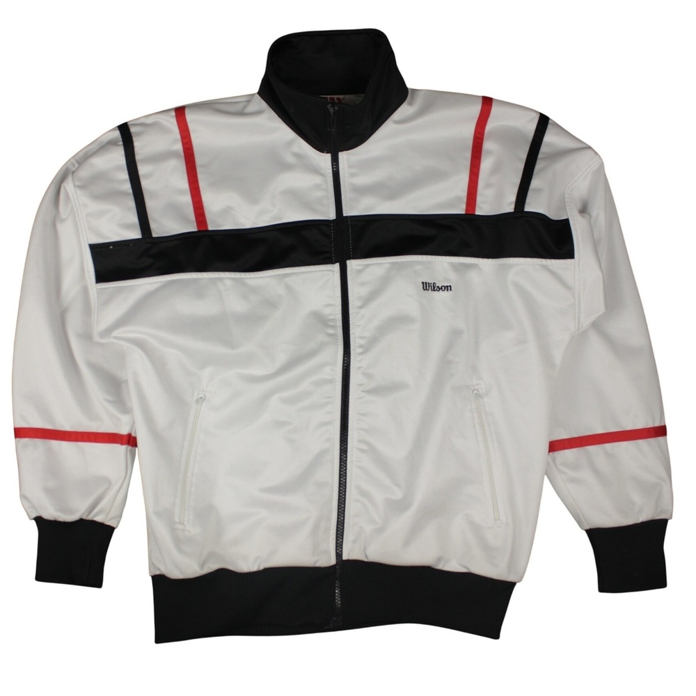 Vintage Wilson Tennis Warm-Up Jacket Mens M White Black Red Full Zip Retro